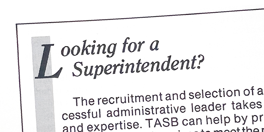Cropped image of a Superintendent Search Services ad from 1988 with the words 